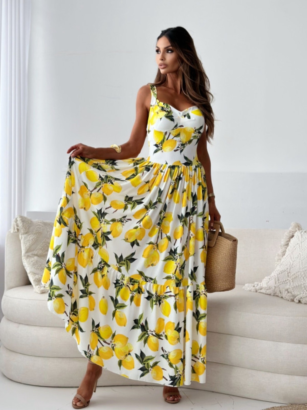 Yellow Lemon Print Maxi Dress for Women